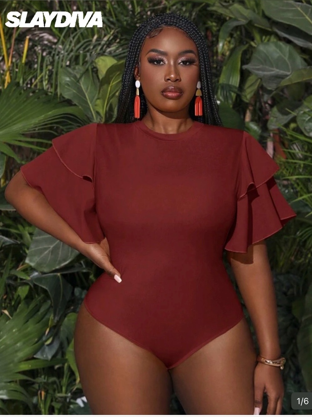SHEIN Burgundy Ruffle Sleeve Bodysuit